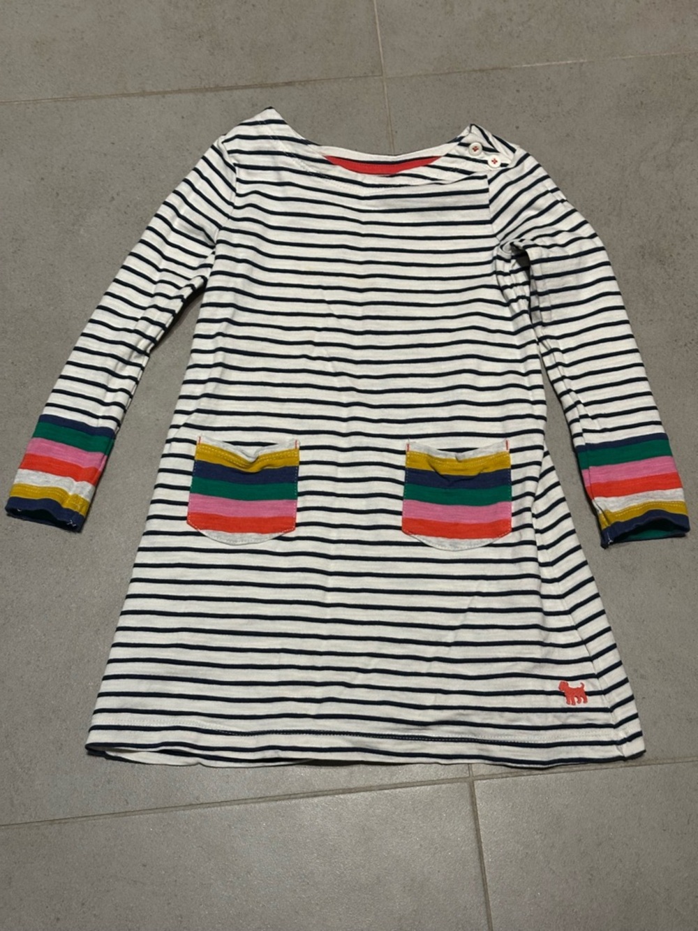 3T-4T Navy & White Striped Dress with Rainbow Pocket Accents preppy nautical